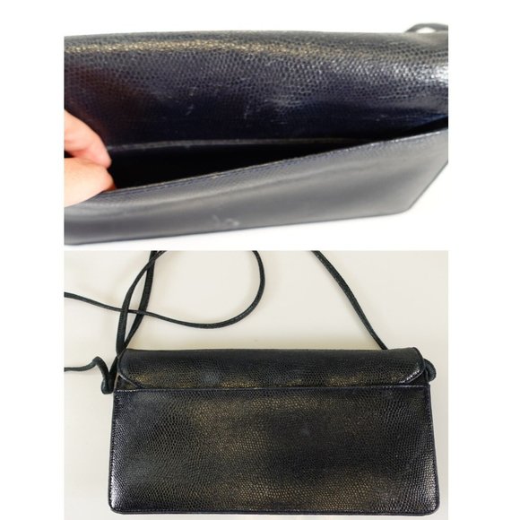 GIVENCHY Bag Leather Crossbody Purse Small Lizard VINTAGE Rare Dark Black Navy - Picture 10 of 12